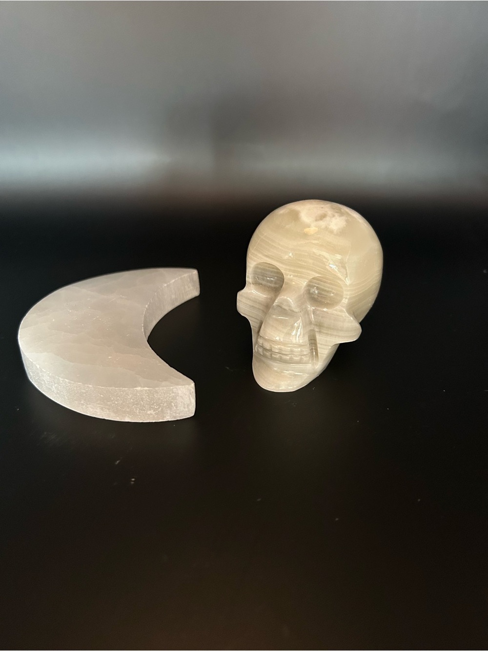 Banded Agate Skull Carving & Selenite Crescent Moon Plate